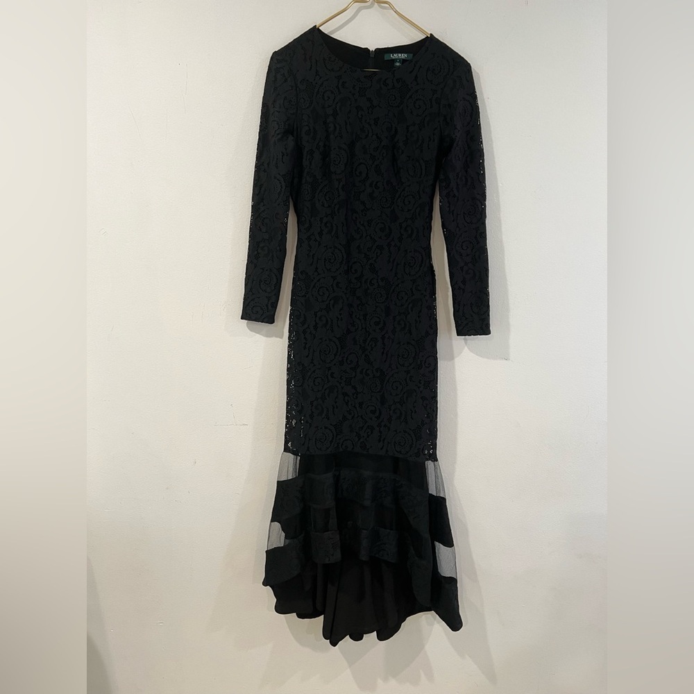 Ralph Lauren Womens Fluted Lace Gown Dress Long Sleeve Striped Hem Evening 2 - Picture 4 of 15